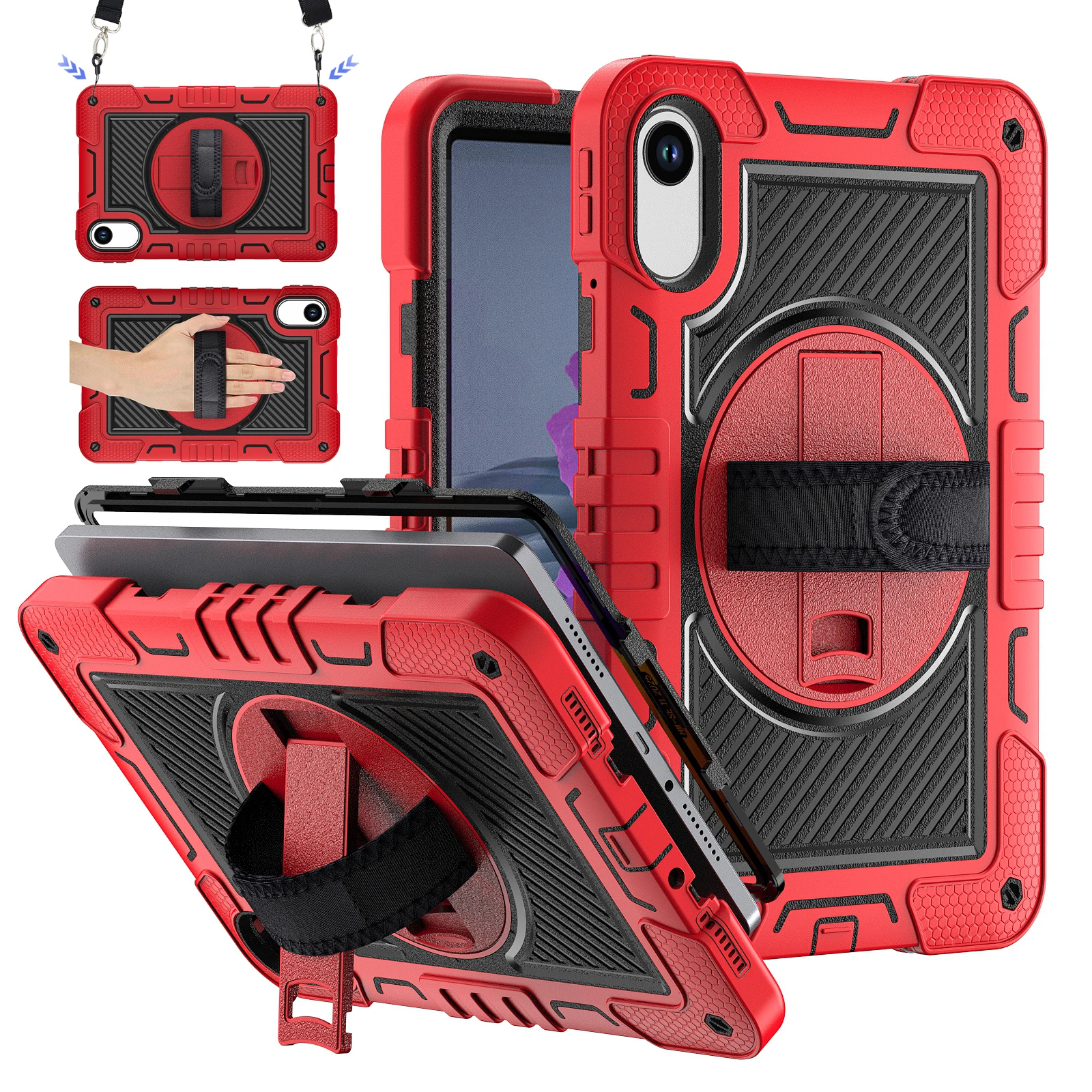 360 Rotating Stand Armor Case with Shoulder Strap - Durable Silicone + PC Hybrid Cover