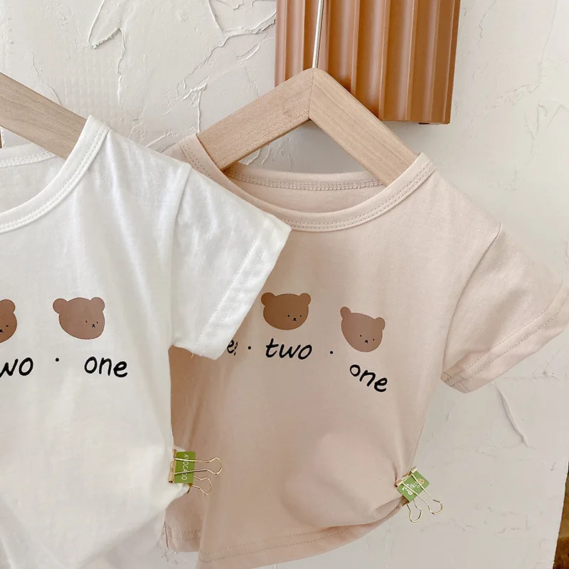 Kid Fashion Dot Overalls Girl Cute Cartoon Bear Short Sleeves Tees Toddler Simple Solid T-shirt Boy Cotton Sling Shorts Baby Clothing Set near me