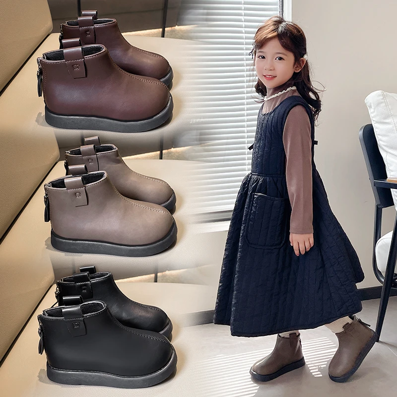 Children Ankle Boots Fashion Korean Style Kids Leather Boots Soft Bottom 2025 Autumn Winter New Girls Short Boots Round Toes