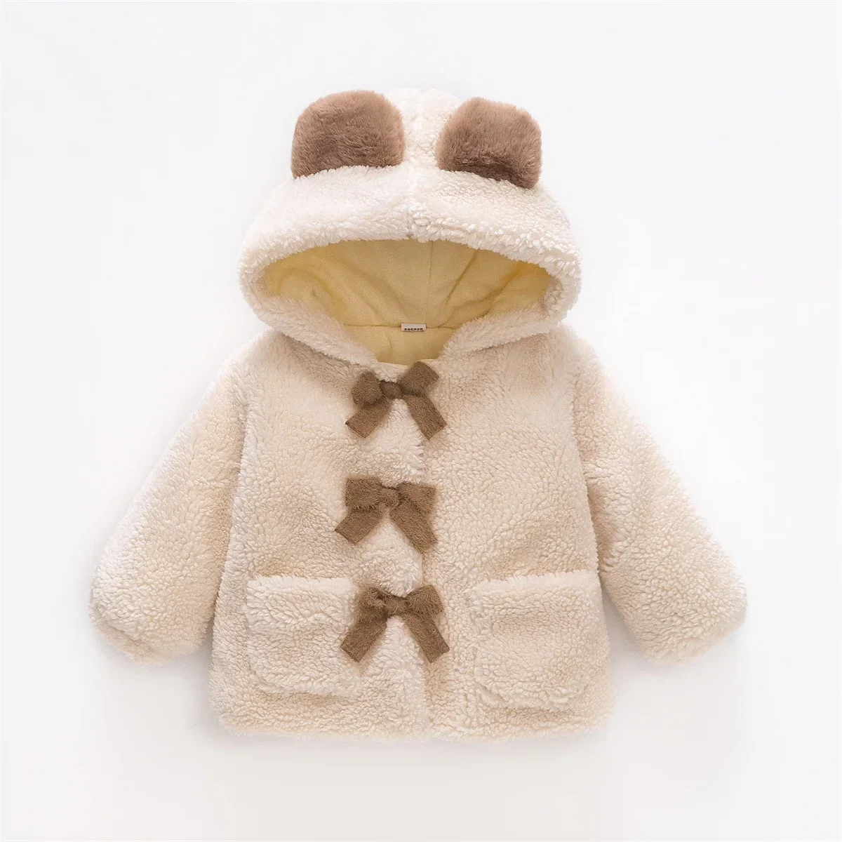 (0-3 Years Old Girls) Winter New Girls' Top Warm Furry Hat Bow Ribbon Warm Cute Hooded Bear Ears Long Sleeve Pocket