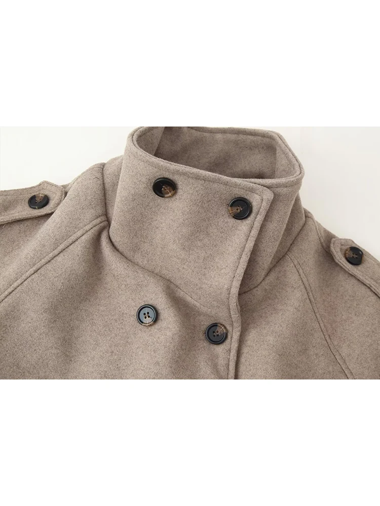 New Women High Neck Woolen Coat Double Breasted Loose 2025 Autumn Short Elegant Fashion Jacket Casual Lady Street Outerwear