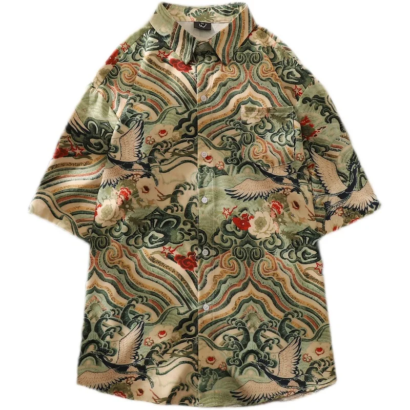 

Branded Men's Chinoiserie Shirts Fashion Streetwear Tops Loose Casual Hawaiian Beach Short Sleeves Animal Print T-Shirts