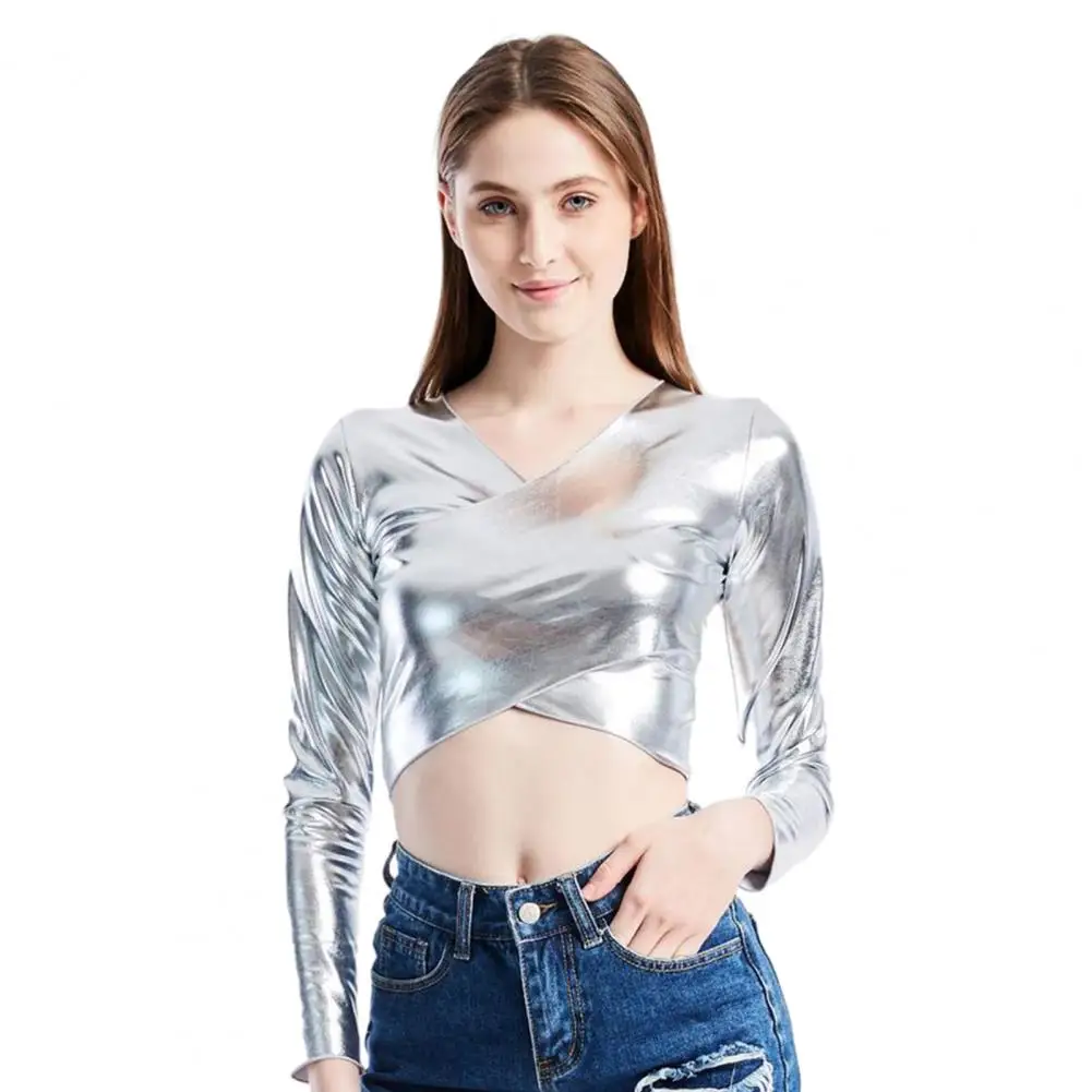 

Women Long Sleeve Top Sleek Faux Leather V Neck Blouse for Women Short Waist-exposed Long Sleeve Club Top with Slim for Dance