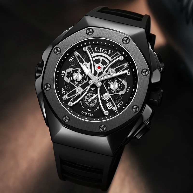 LIGE New Fashion Mens Watches Top Brand Luxury Military Quartz Watch Men Business Silicone Waterproof Sport Chronograph Watch