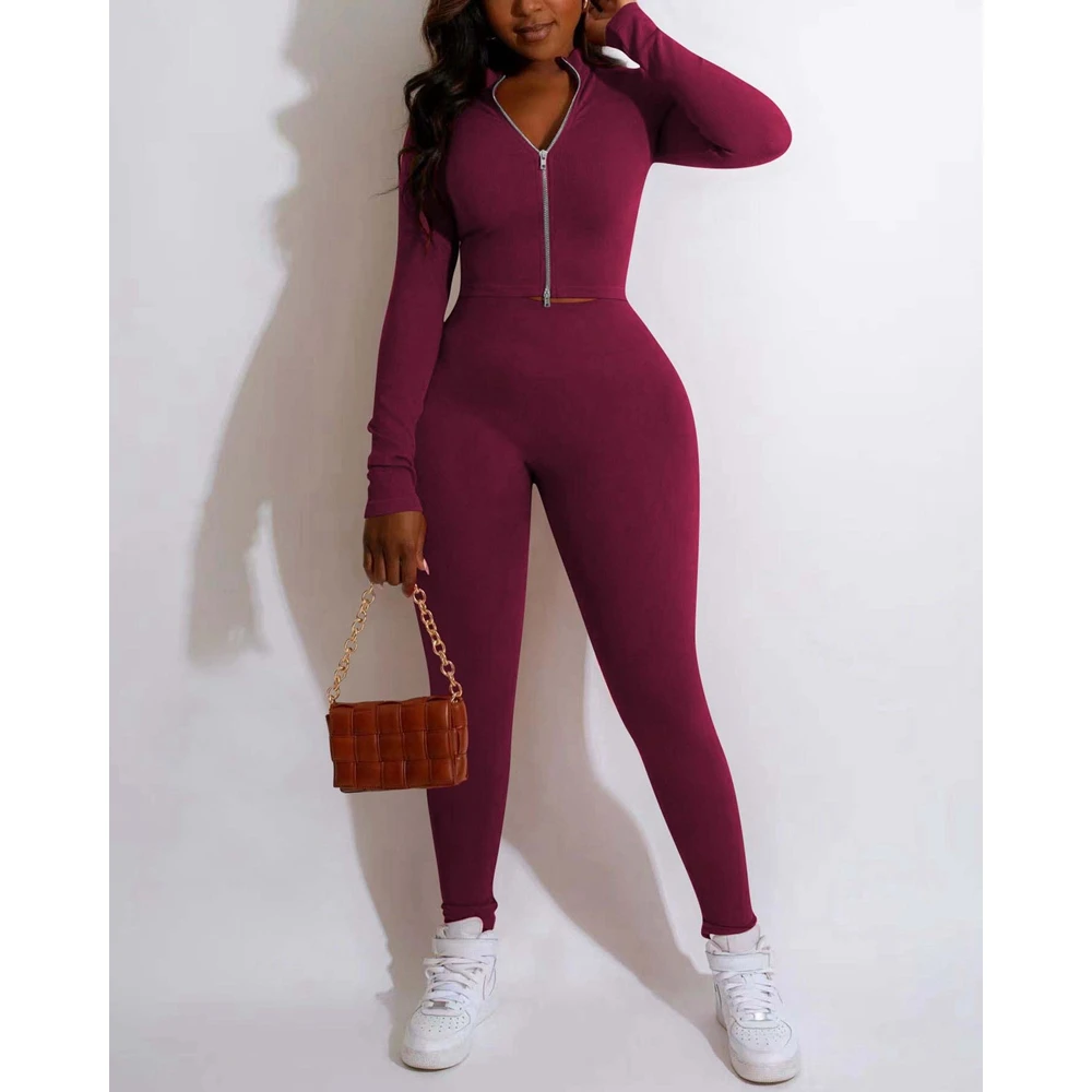 Spring Slim Fit Casual Zipper Design Long Sleeve Top & Skinny Pants Set Women 2-Piece Suit Sets Fashion Solid Sporty Outfits