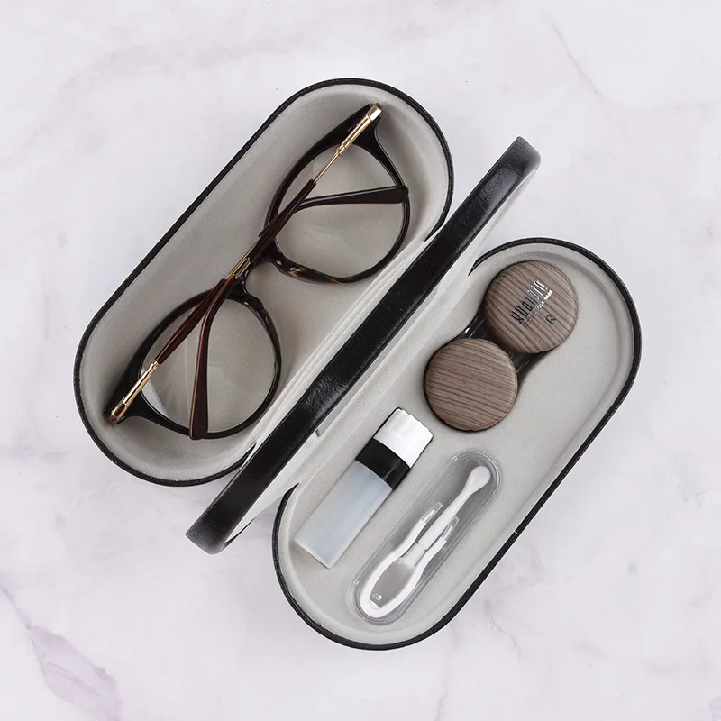 

2 In 1 Double Layer Glasses Box Contact Lens Case For Men Women Creative Dual Use Glasses Case Eyewear Leather Steel Hinges