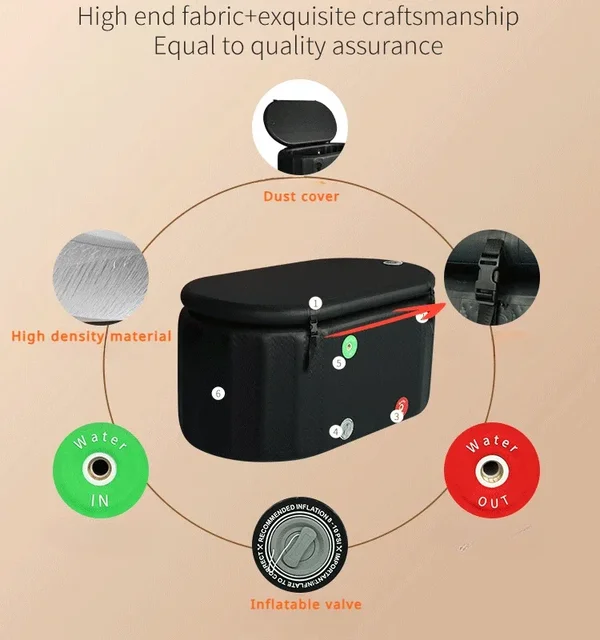 Baignoire à glace gonflable portable, 132 Gal, 150x80x75cm, pour bains de glace 202 221., extérieur, thérapie par l'eau froide, dosette de récupération, pompe incluse 6