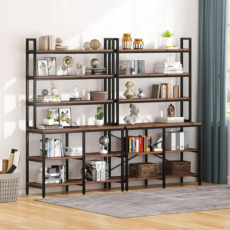 Bibliothèque industrielle à 6 niveaux avec étagères ouvertes, support de rangement avec cadre en forme de X, bibliothèque rustique, lot de 2