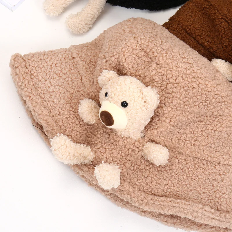 Fashion Women Men Winter Faux Wool Bucket Hat Lovely Cartoon Bear Pattern Printed Wide Brim Warm Panama Fisherman Cap for Women