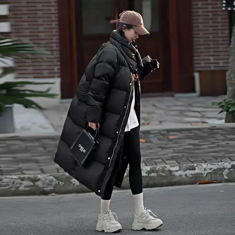 Standing Collar Down Jacket, Korean Version Extended Loose and Thick Warm White Duck Down Jacket, Women's W inter New 2024