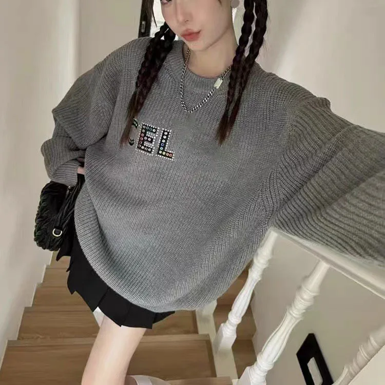 

Women Sweater Pullover Early Autumn Colorful Letter Hot Diamond Willow Nail Knitted Sweater Women's Round Neck Lazy Relaxed Top
