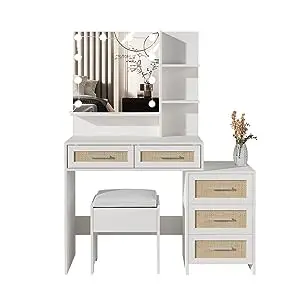 Makeup Vanity with Mirror and Lights, Model Sitting in front of The Mirror