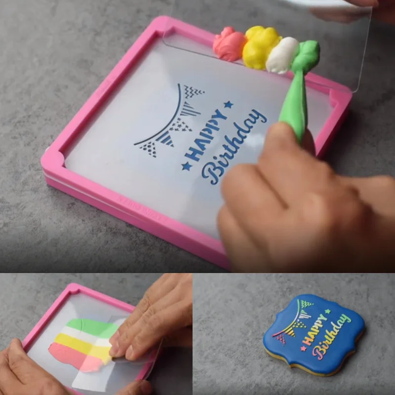 Fondant Icing Cookie Stencil Fixing Frames Happy Birthday Sugar Cookies Baking Magnetic Biscuit Stencil Holder
