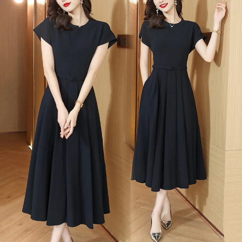 

2023 Navy Blue A-Line Dress Big Size Women's Fashion Round Neck Waistband Summer Dress Trend Short Sleeve Elegant Clothes Z296