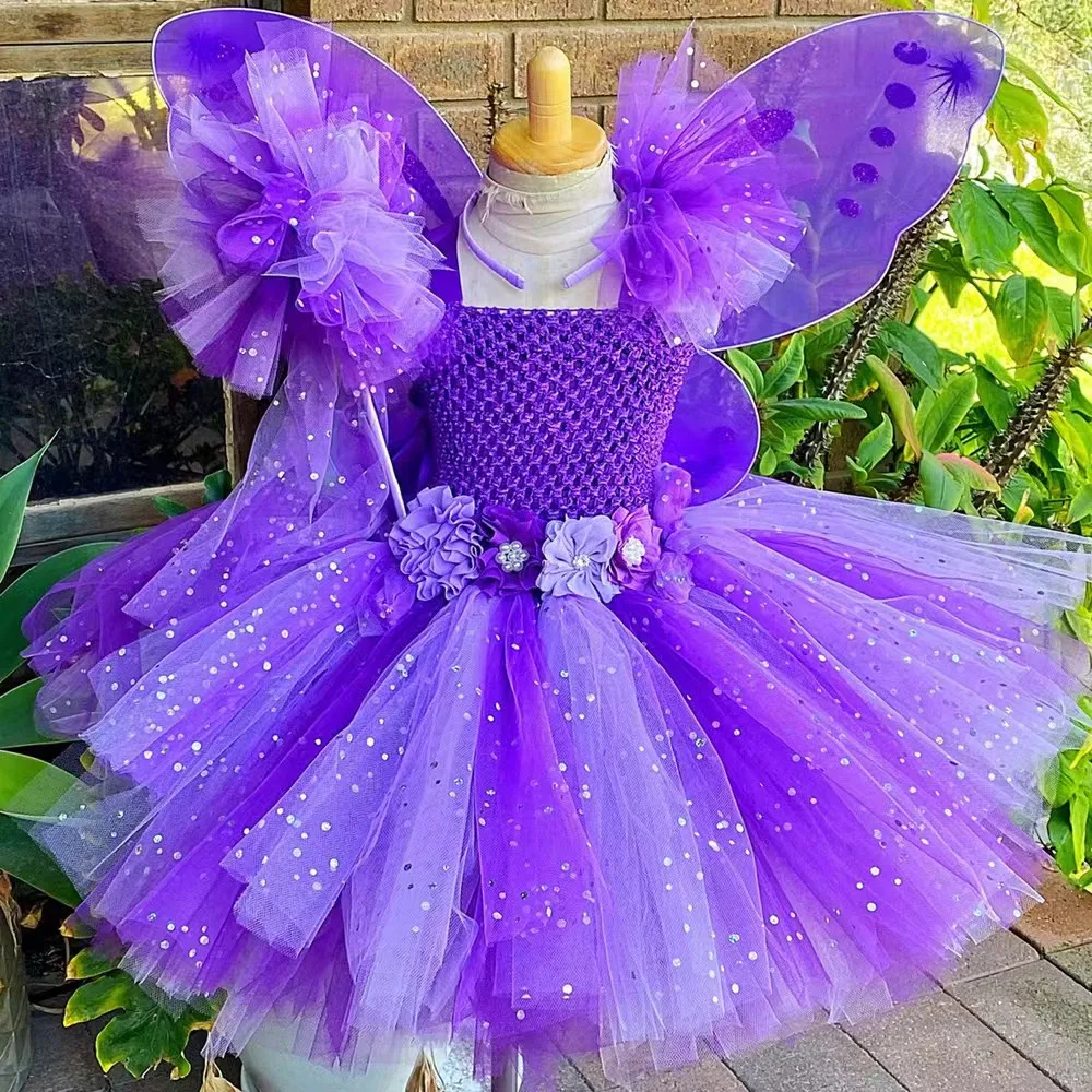 

2024 Girls Purple Flower Tutu Dress Baby Fluffy Tulle Dress with Butterfly Wing and Headband Kids Party Cosplay Costume Dresses
