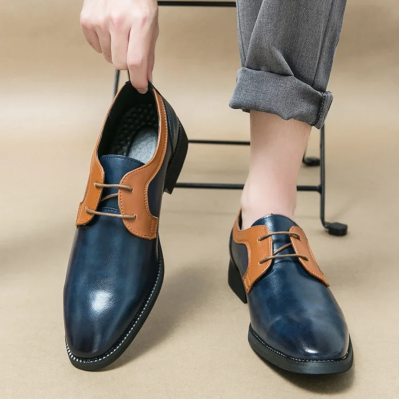New Derby Shoes for Men  Mixed Colors Lace-up Round Toe Fashion Business Men Dress Shoes Pu Leather  Men Shoes