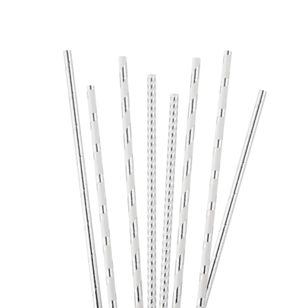 100 Pcs Biodegradable Silver Paper Straws Bulk, Metallic Foil Striped/Wave/Dots Straws for Birthday, Wedding, Party Supplies