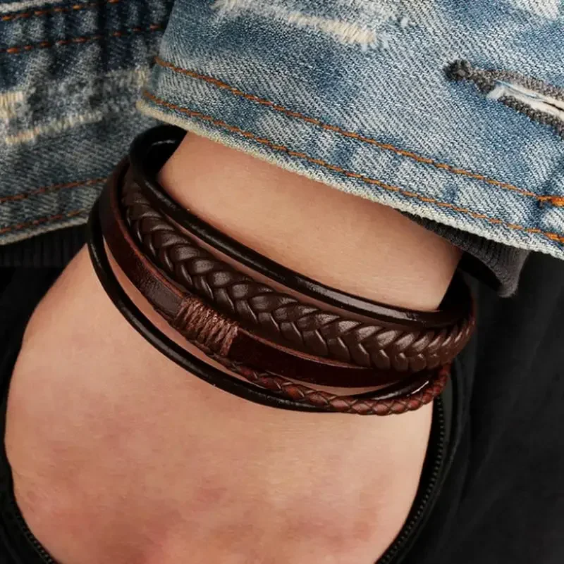 Leather Bracelet Leather Bangle Classic Hand Woven Multilayer Leather Bracelet Men's Cuff Bracelet