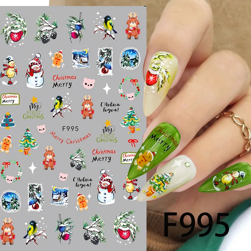 Cartoon 3D Santa Claus Snowman Nail Stickers Christmas Series Nail Art Decoration Relief Snowflakes Leaves Stickers For Nails