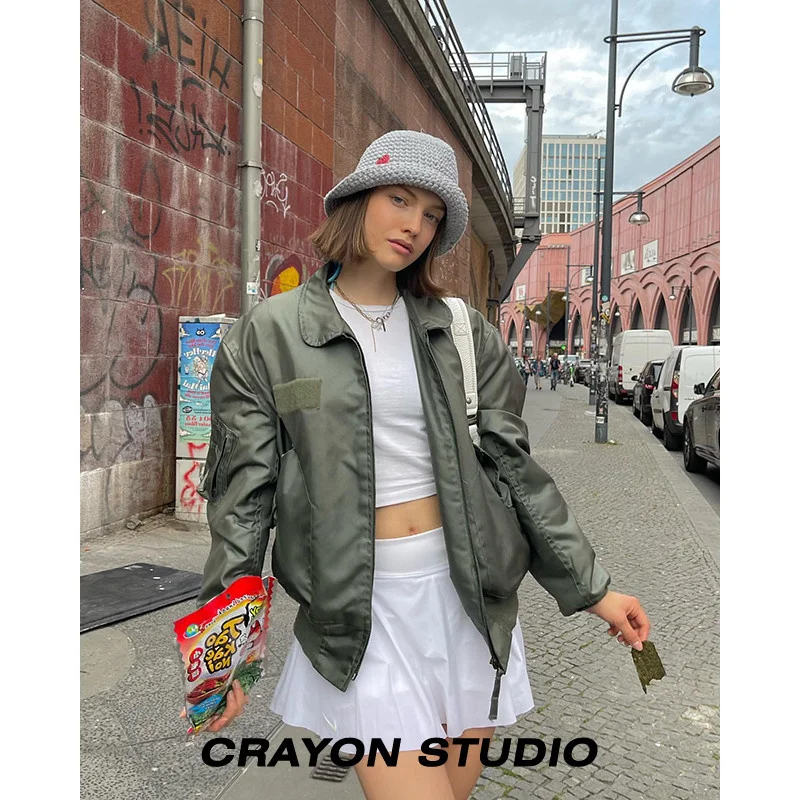 

Women Jacket American Grey Green Short Jacket 2022 Autumn Loose Zipper Coat Ins Thin Couple Retro Clothes Oversized Jacket