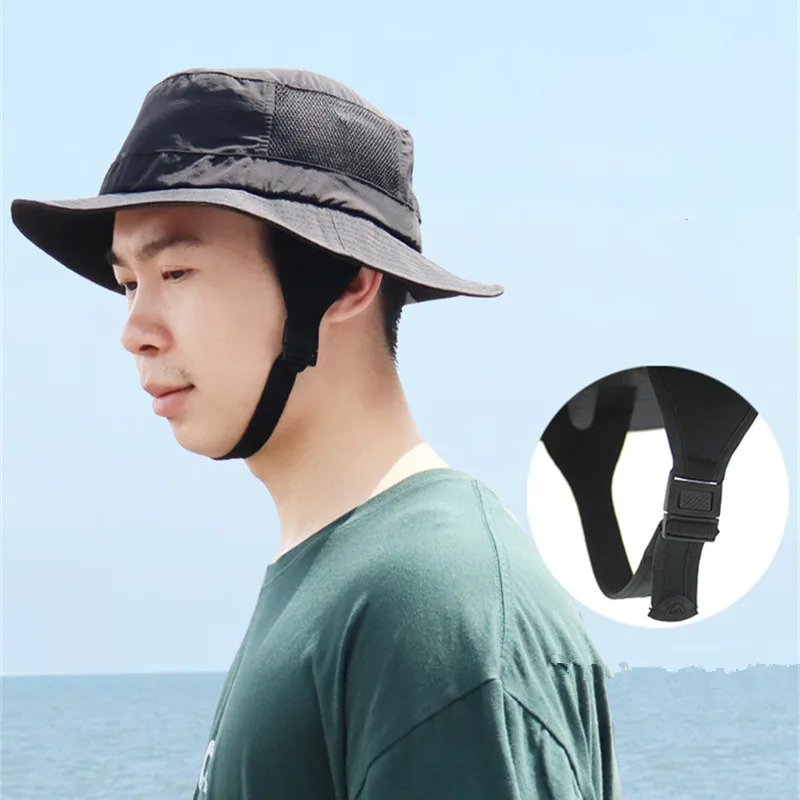 Beach Surf Cap Mesh Breathable Sun Hat UPF50+ Summer Outdoor Fishing Belt Chin Adjustable Bucket Hat Water Sport Unisex Solid
