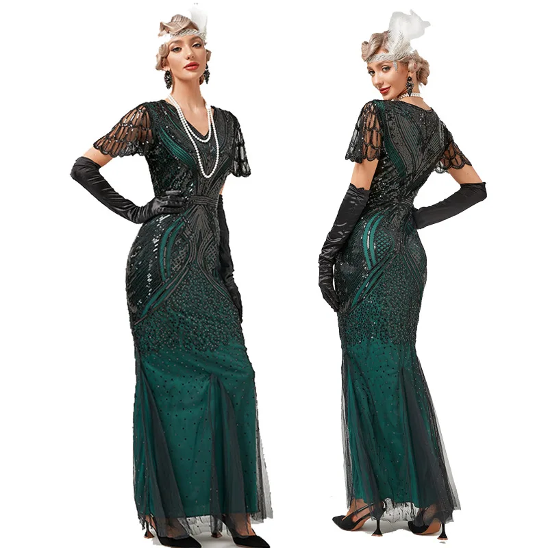 1920s Wedding Flapper Dress Gatsby Charleston Deco Sequin Bead Dress  Flapper Gatsby Party Long Evening Maxi Cocktail Dress Gown