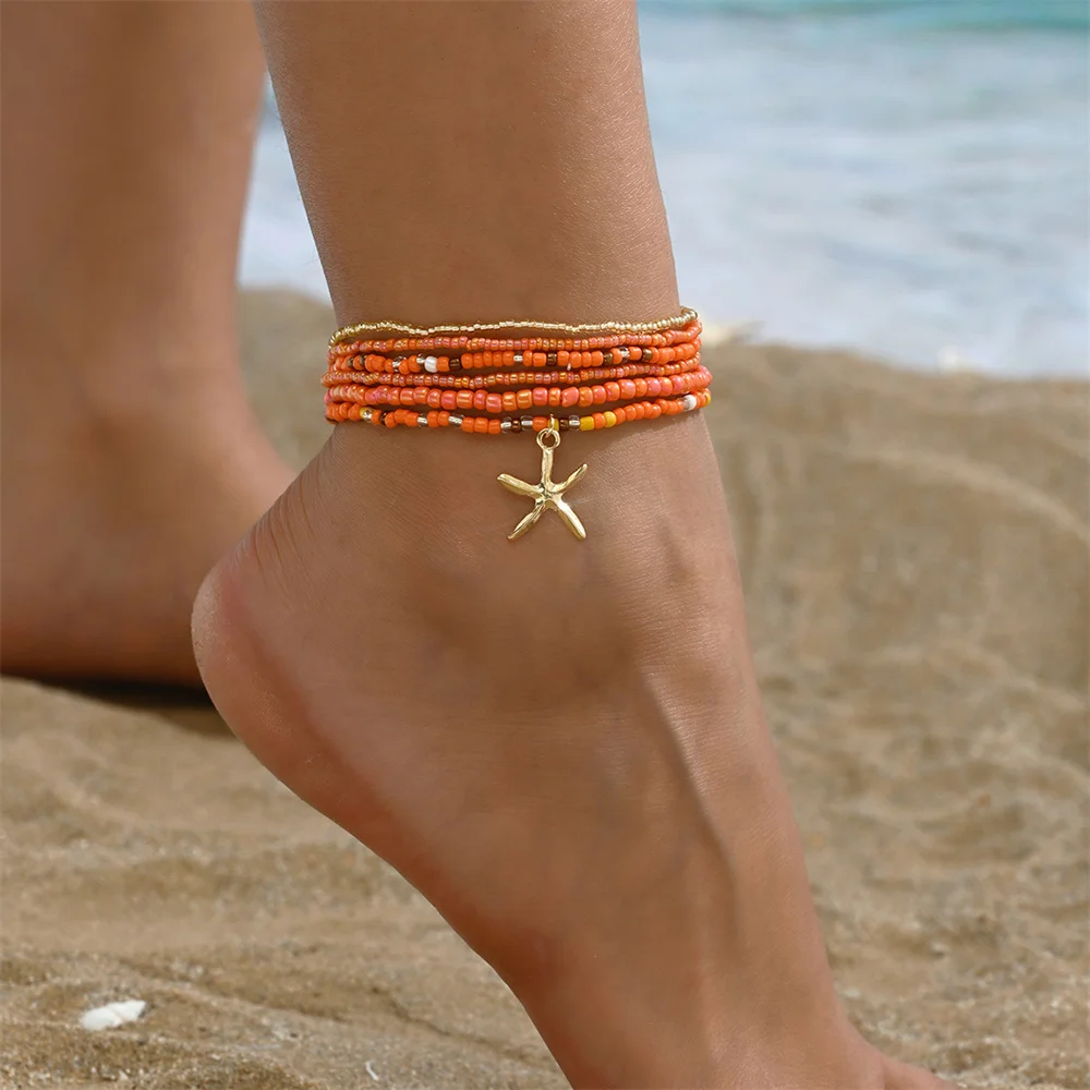 Rainbow Glass Beads Big Starfish Pendant Anklets For Women Gold Color Foot Chain Beach Jewelry Ankle Bracelet Summer Accessories