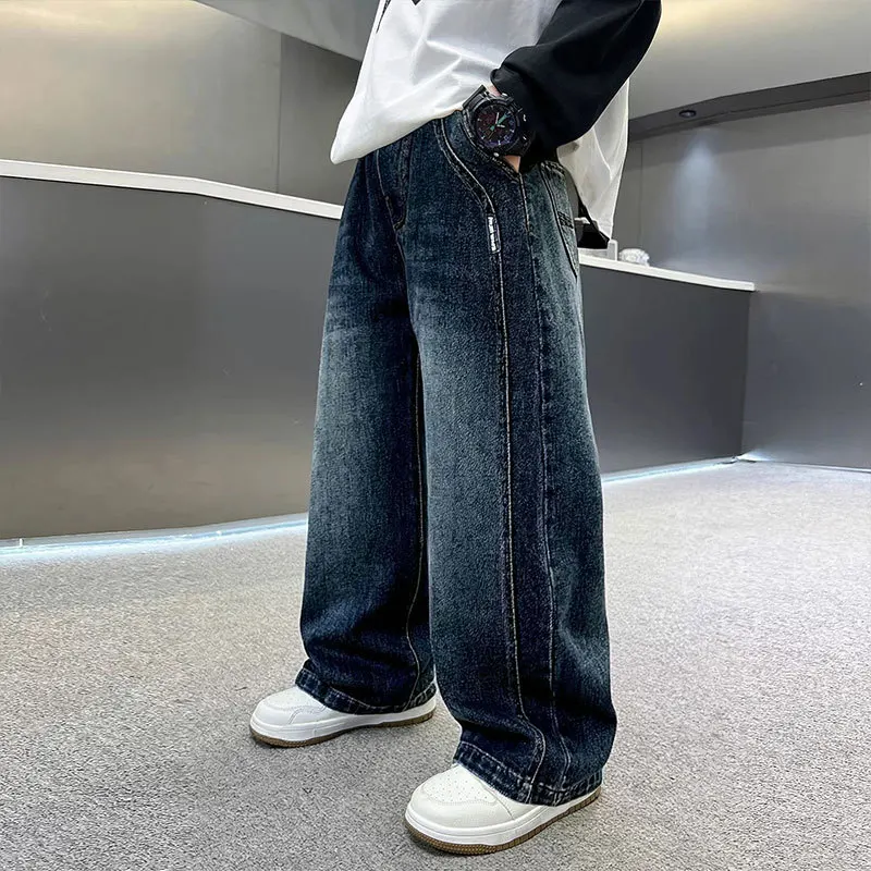 키즈 가을 데님 팬츠 남아 고급 두꺼운 원단 배기 카고 청바지 포켓 트위닝스 아동 스트릿 힙합 블루 진 바지