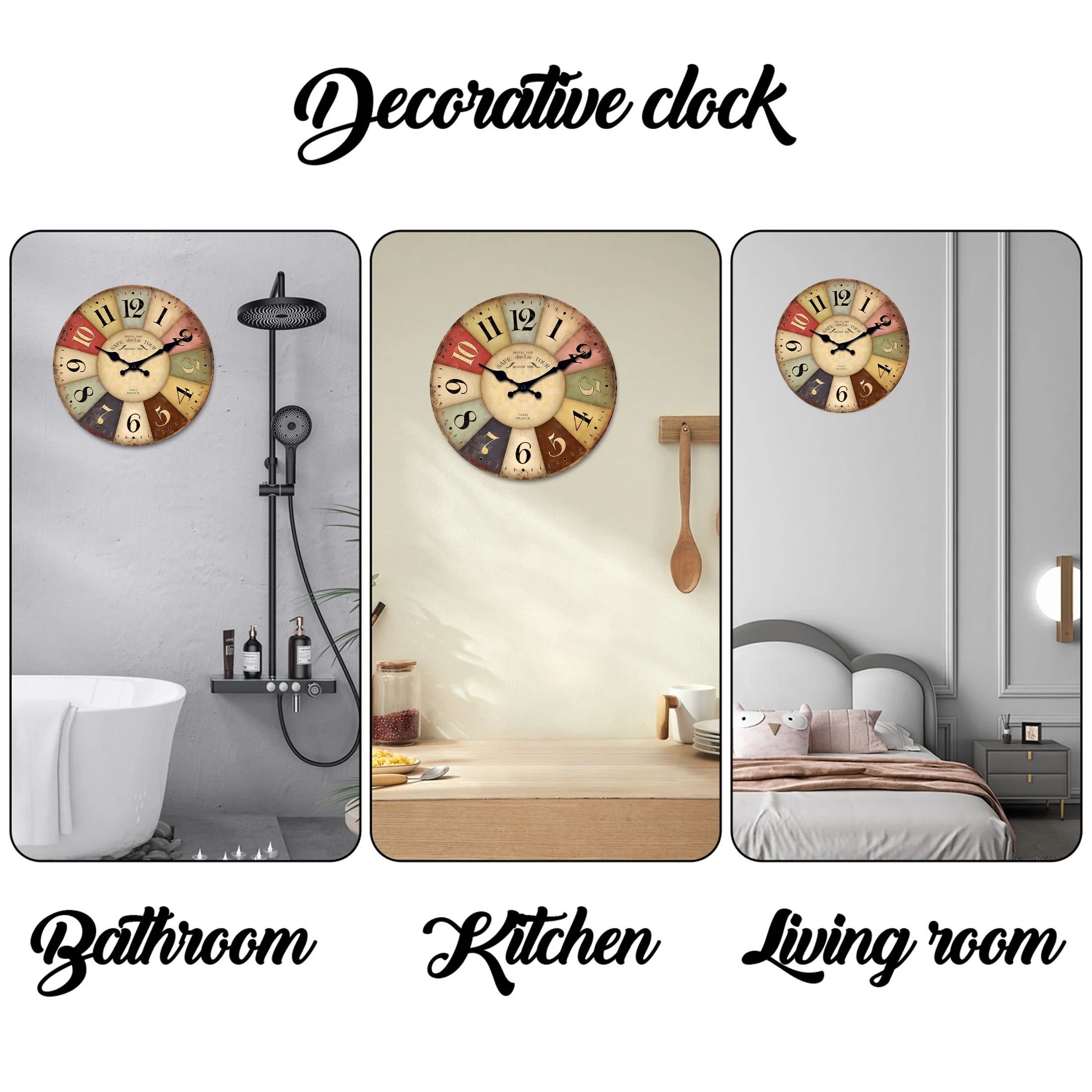 Description Picture 6 of item1pc wooden wall clock, country retro style color square pattern design wall clock, home mute clock, suitable for home decoration
