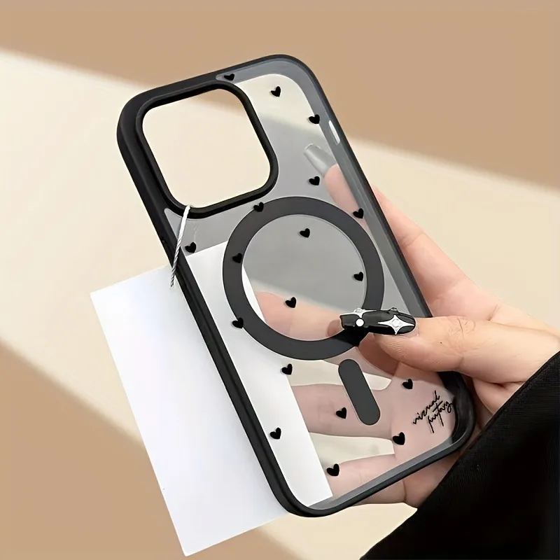 Wireless Charging Magnetic Phone Case with Black Love Heart Design