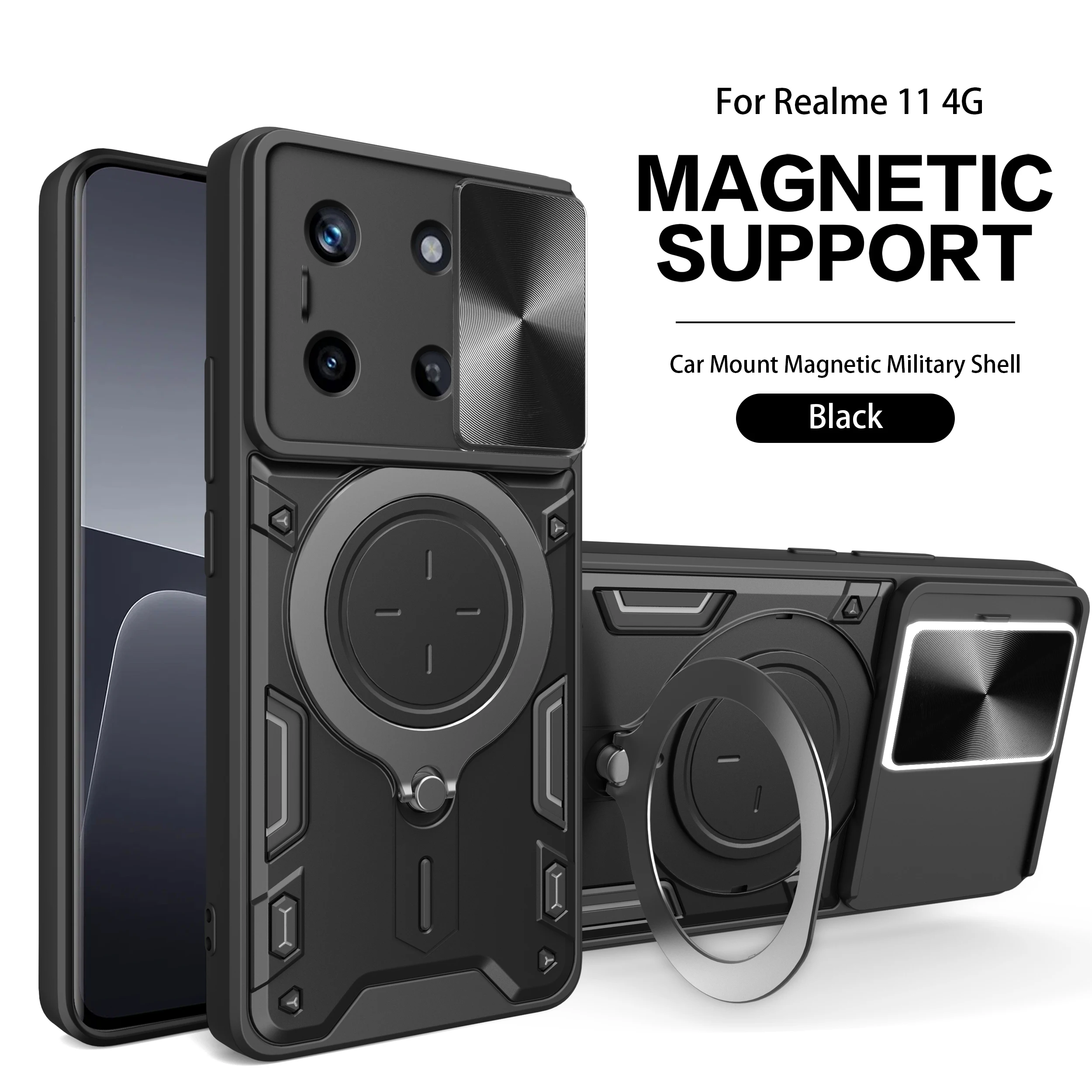 

Case for Oppo Realme 11 4G Slide Camera Car Mount Magnetic Holder Armor Shockproof Soft Edges Hard Phone Cover OppoRealme11 4G