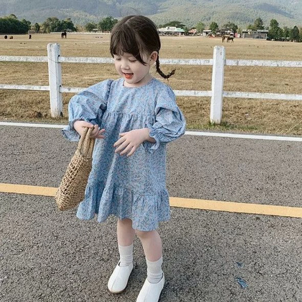 

Toddler Girl Floral Dress Long Sleeve Loose Casual Dresses for Girls Blue O Neck Chilren Clothing Infant Baby Summer Outfits 6 8