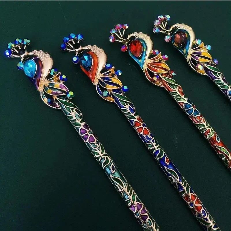 Hair Decoration Accessories Chinese Crystal Peacock Hairpin Retro Enamel Cloisonn Handmade Jewelry Travel Accessories Gifts