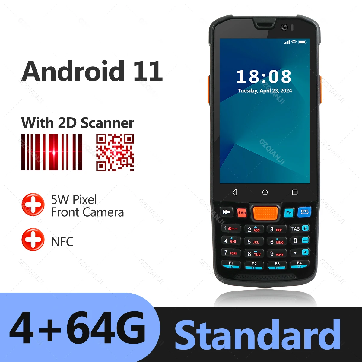 thumbnail image 1 of Terminal de mano PDA Android 11, recopilador de datos con escáner de código de barras 1D, QR 2D, NFC, 2/3/4G, WiFi, Bluetooth, 3G+32G/4G+64G RAM+ROM, 1 of 5