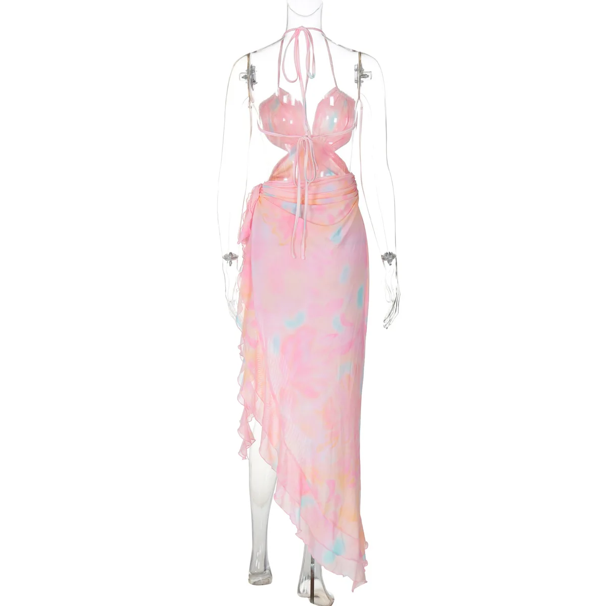 Sexy Printed Mesh Long Dress Women Lace-Up Floral Backless Hollow Out Ruffled Fashion Bandage Dress Women's Dress Summer