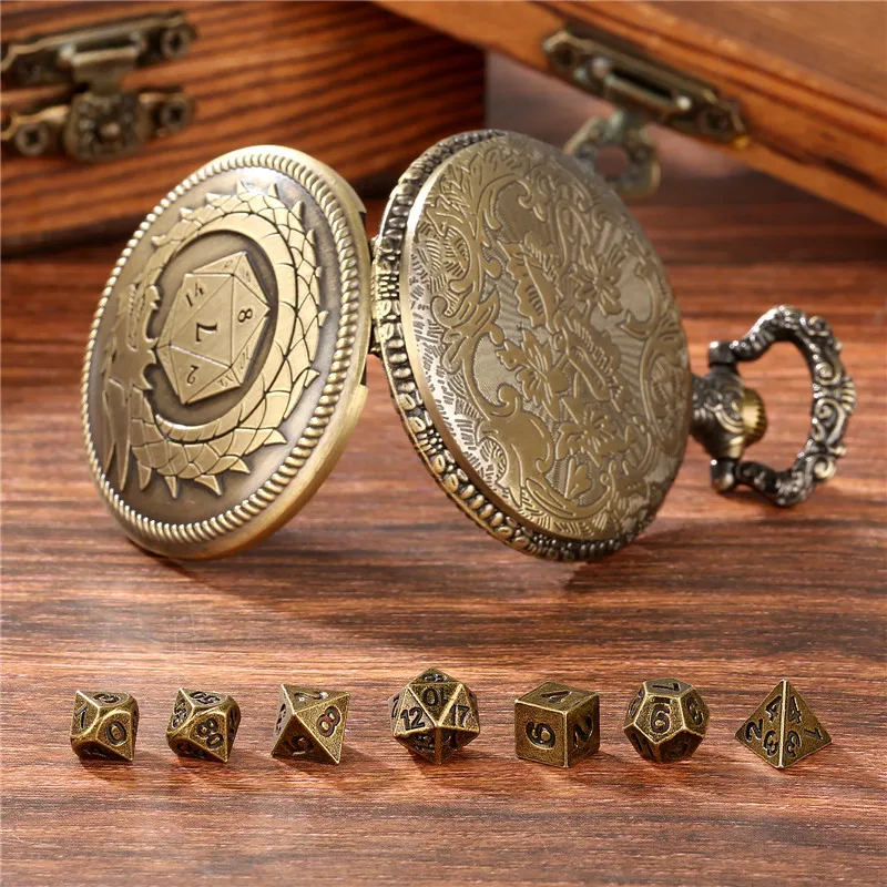 Pocket Watch Chain Bronze 7pcs Metal Polyhedral Dice Role Play Gaming Dices With Cool Dragon Pocket Watch Case Pendant FOB Chain Game Accessory