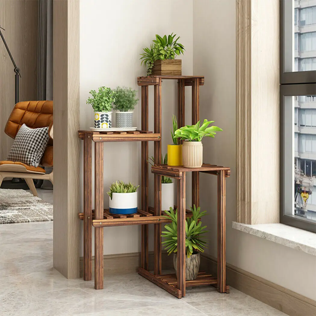 Plant Corner Stand 6 Tier Wood Shelf Indoor Outdoor Garden Patio Displaying Shelves Rack for Flowers Succulents Planter Pots