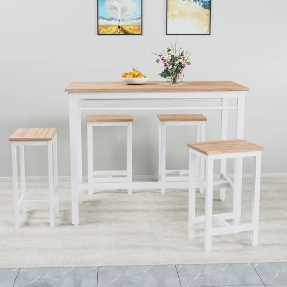 Kitchen Table Set for 4, Modern High Top Table with 4 High Bar Stools, 5-Piece Counter Height Dining Table Set White Oak 5