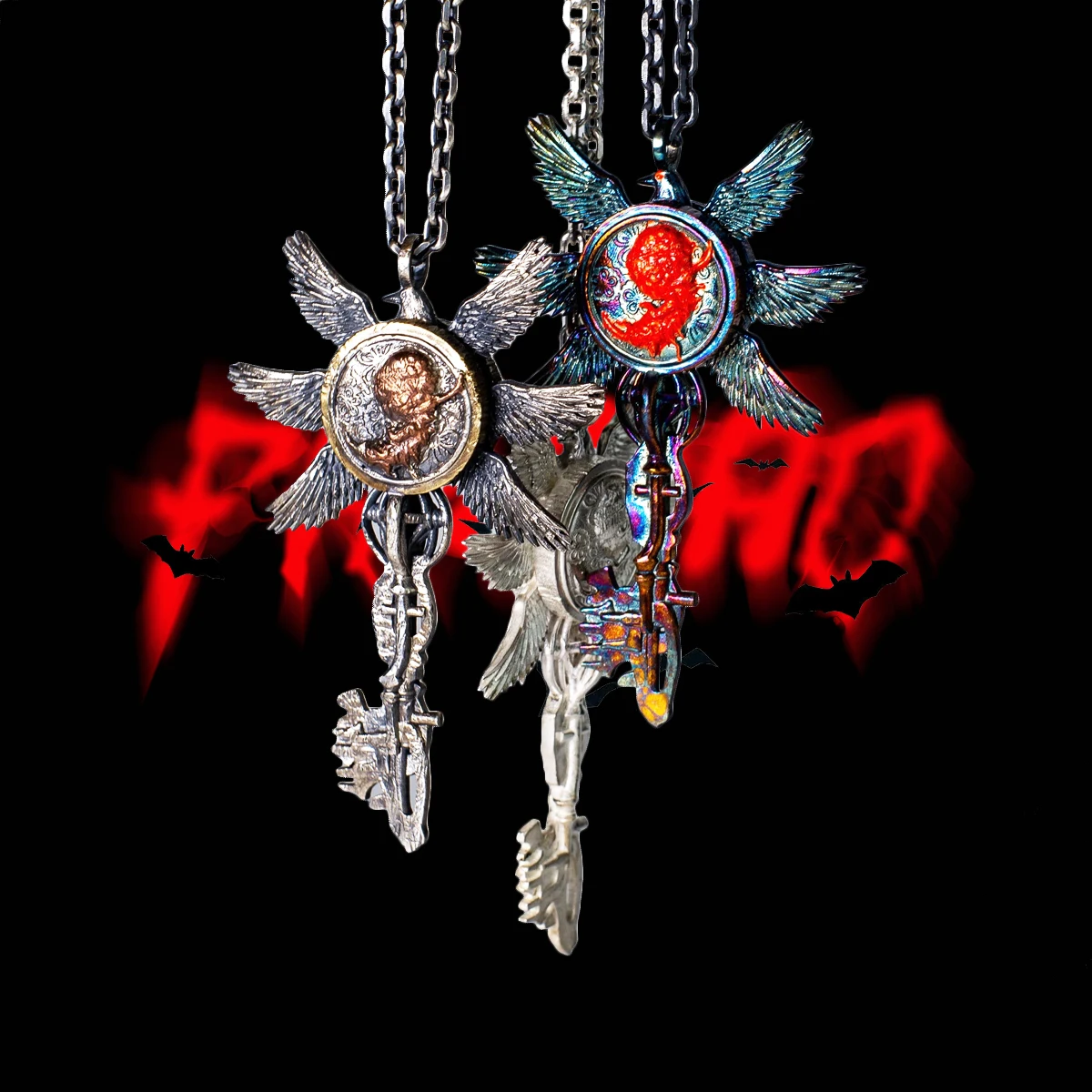 

Sterling Silver Key Necklace Gothic Raven Handmade Wings Pendant Antique Retro Rock jewelry inspired by Resident Evil
