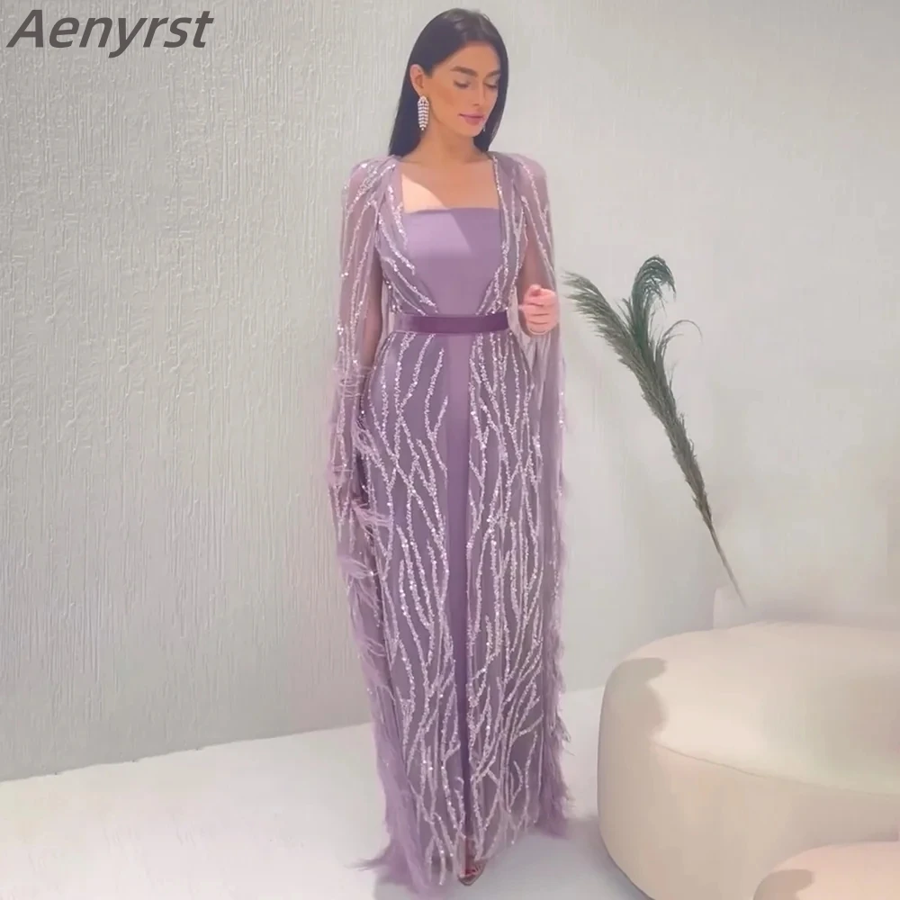 

Elegant Evening Dresses Sequin Feather Prom Gown Chiffon Shawl Sleeve Square Neck Wedding Gown Floor Length Dubai فساتين الحفلات