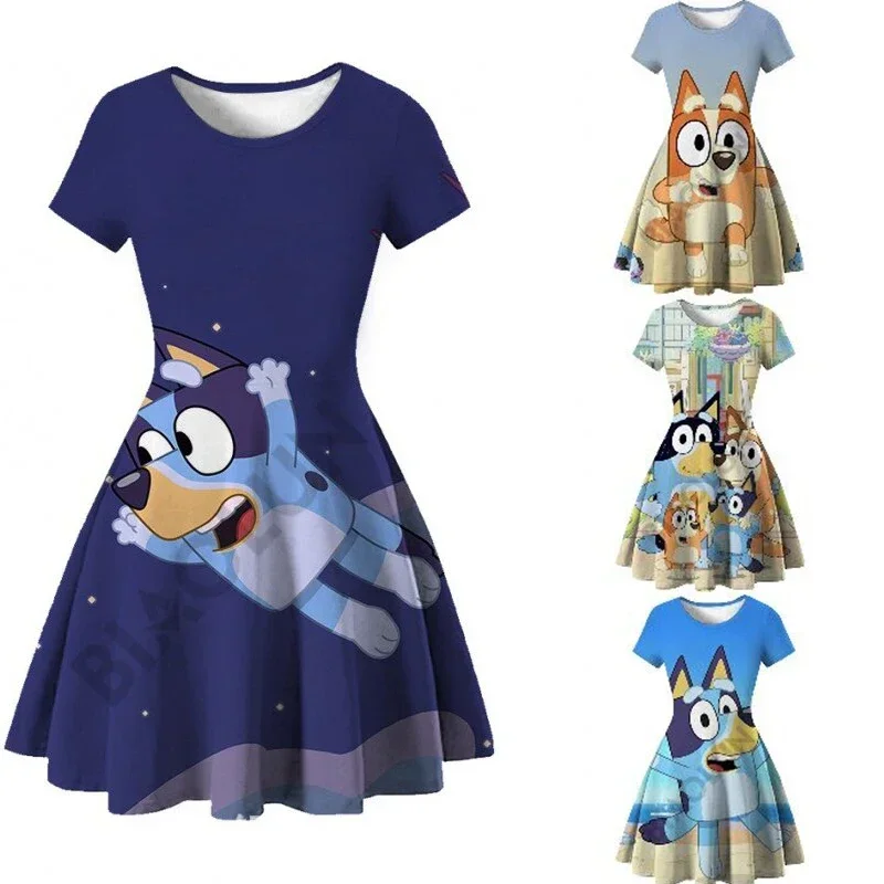 100cm-160cm New Bluey Family 3d Printed Summer Dress Children's Wear Brui Bingo Dog Printed Princess Dress Gifts For Girls