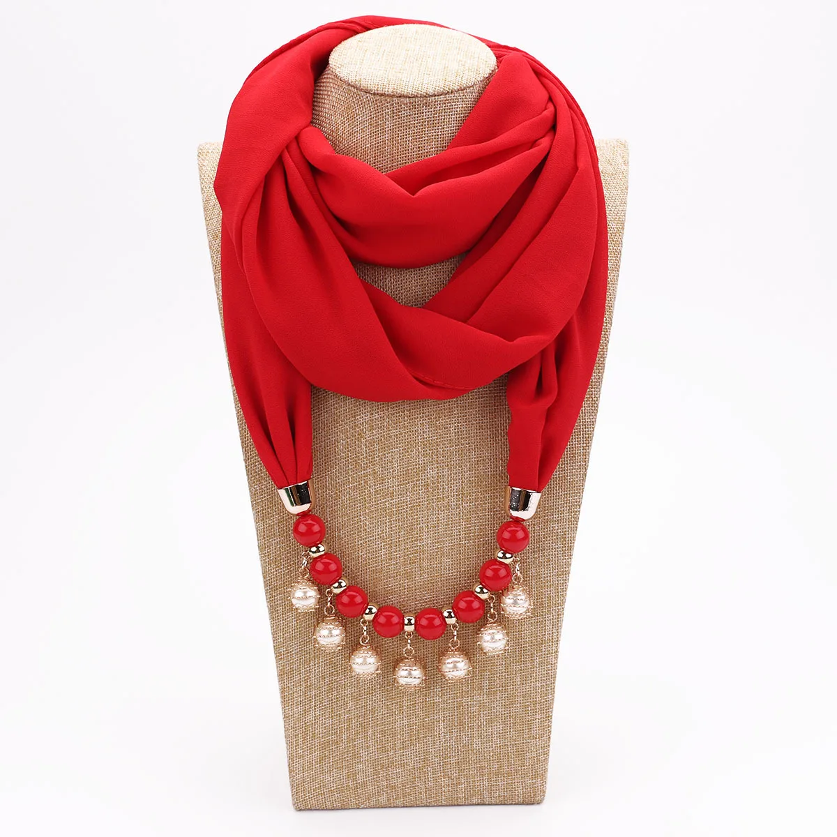 S43b1557743ad48a2b3fb781f5cbea0eeN Women Chiffon Neckerchief Hijabs Scarf Necklaces Beads Pearls Solid Color Jewelry Shawl Pendant Scarves Bohemia Head Scarf Mallzona