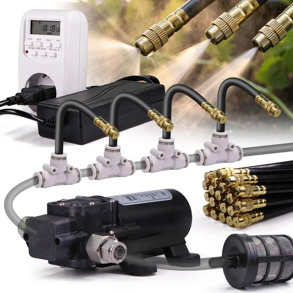 60W Auto Watering System Diaphragm Pump w/ Timer Universal Misting Cooling Sprayer Kit for Garden Lawn Patio Plant Irrigation