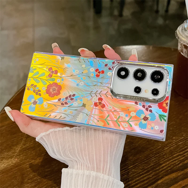 Laser Flower Phone Case For Samsung Galaxy S25 S23 FE S24 Plus S22 Ultra A14 A15 A55 A54 A25 A35 A34 Hard PC Matte Back Cover_voghion.com