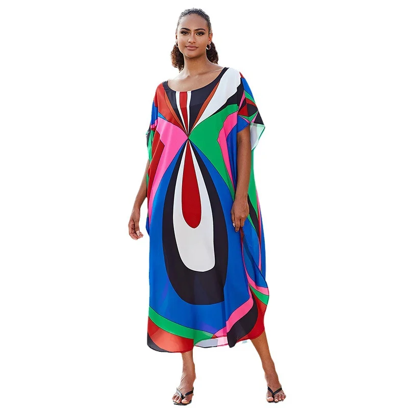 Beach Plus-Size Dress Bohemian Print Women's Swimsuit Blouse Bikini Summer  Cover-ups Holiday Swimwear Short Sleeve Robe Kimono