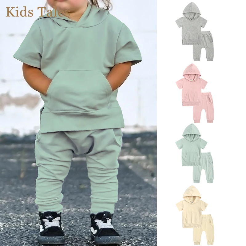 Toddler Boys Girls Short Sleeve Pocket Hooded Top T-Shirt + Shorts Set Little Kids Outfit 2Pcs Summer Tracksuit Sweatshirts 1-7Y