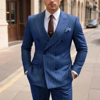 Fashion Double Breasted Peak Lapel Blazer Brown Stripe Regular Length Men's Suits Custom Wedding 2 Piece Jacket Pants Outfits 2