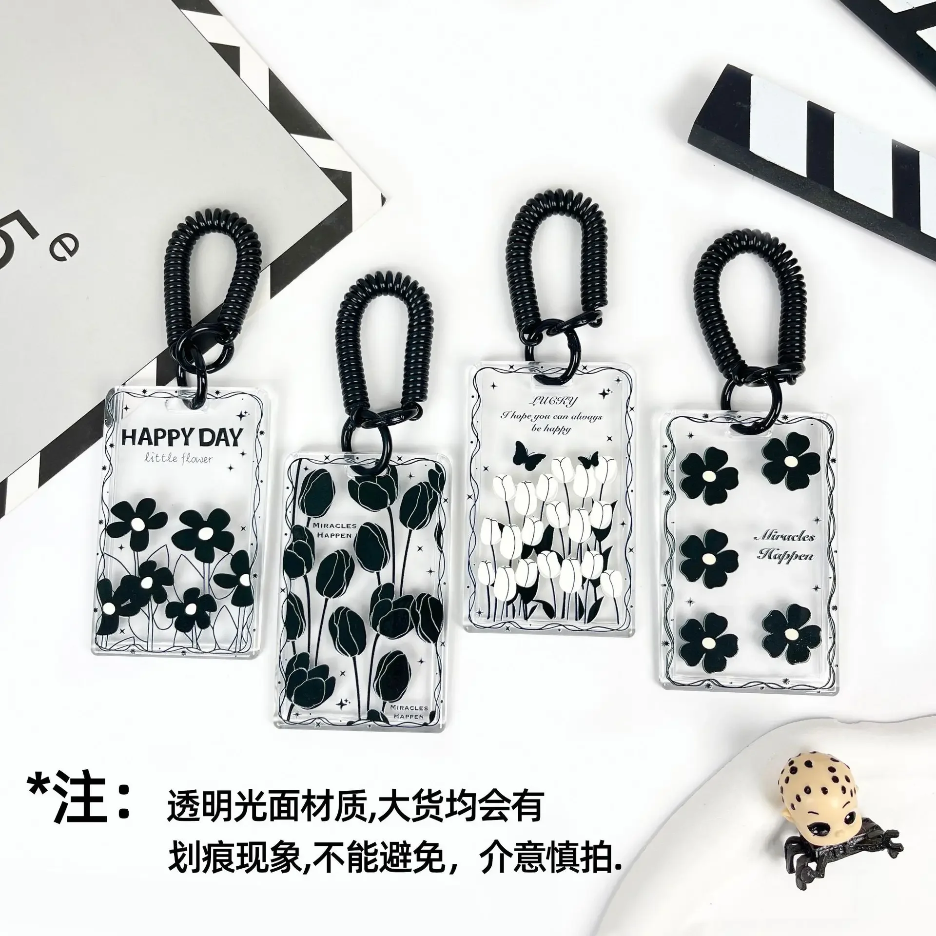 Spring Rope Black Flower Transparent Card Holder Student Card Sleeve Access Control Bus Cards Case Lanyard Covers Id Holder