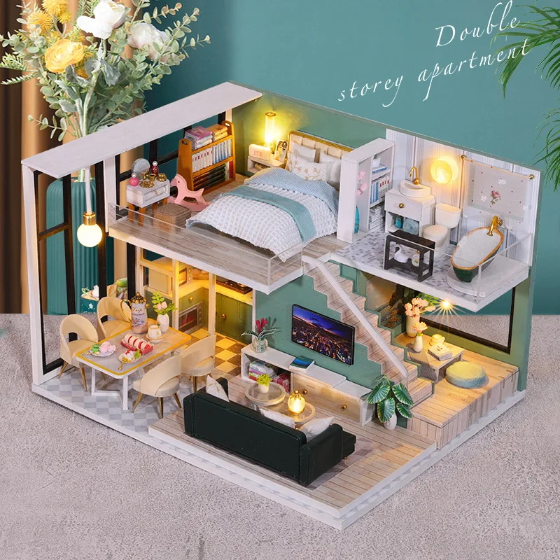 DIY 나무 미니어처 모델 키트 모던 로프트 카사 인형 집, 3D 퍼즐 인형 집, 가구 LED 조명, 친구 선물