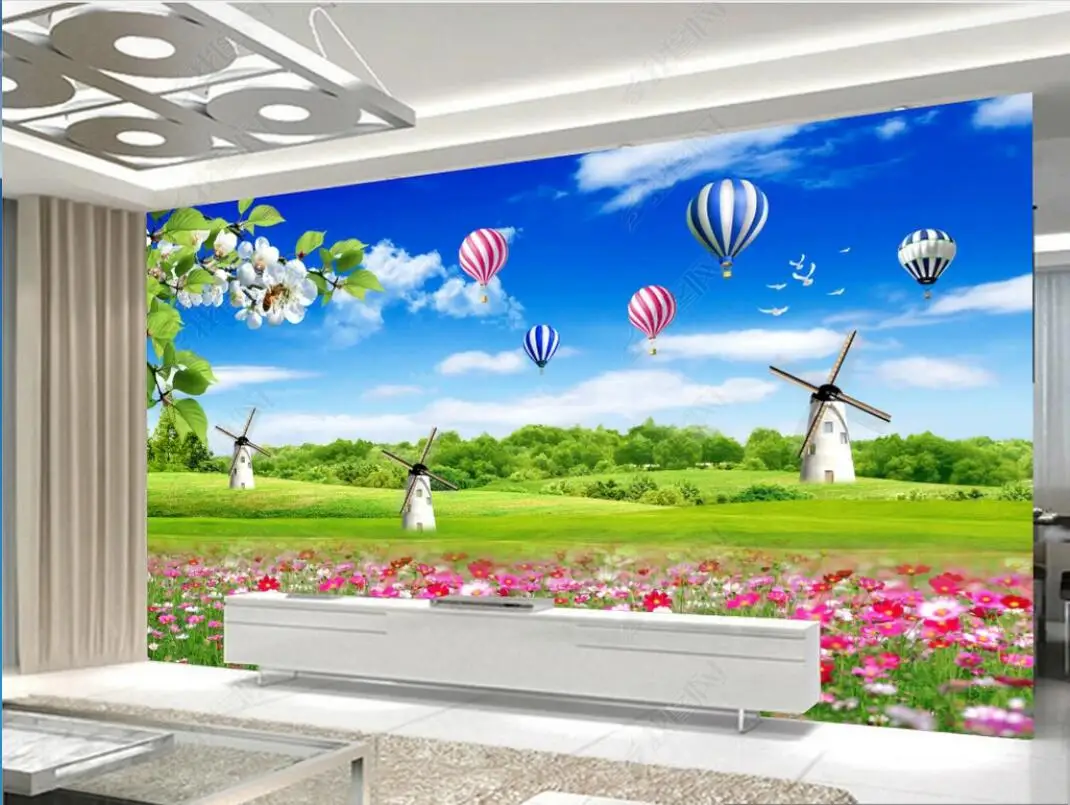 

3d photo wallpapers custom mural Blue Sky, White Cloud, Grassland Balloon Scenery modern home decoration wallpaper for walls 3d